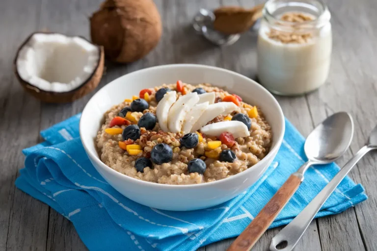 Gachas de avena con coco, quinoa y frutos secos 