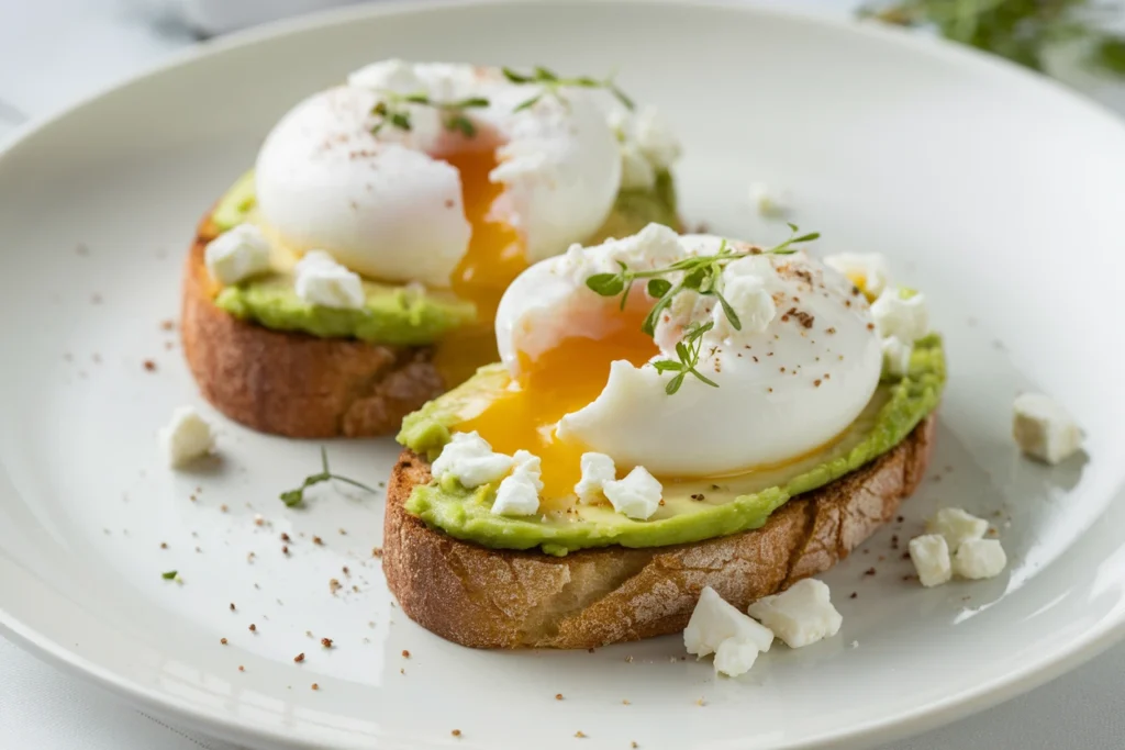 Huevos Escalfados Sobre Tostadas De Aguacate Y Queso Feta